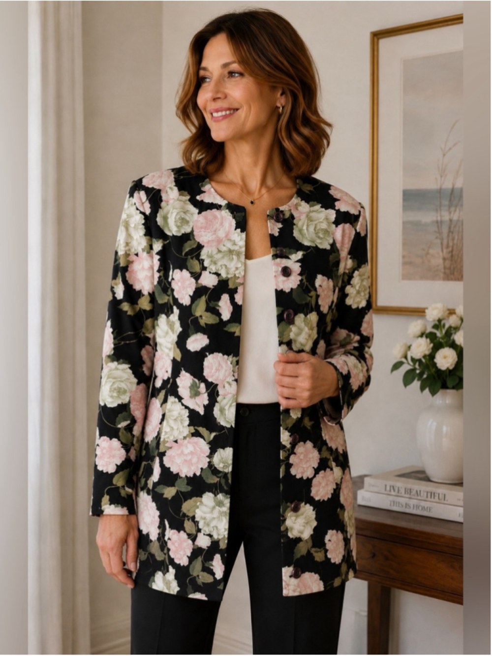 Bianca Nygard Floral Black & Blush Long Blazer Jacket Size 12 Wedding Feminine